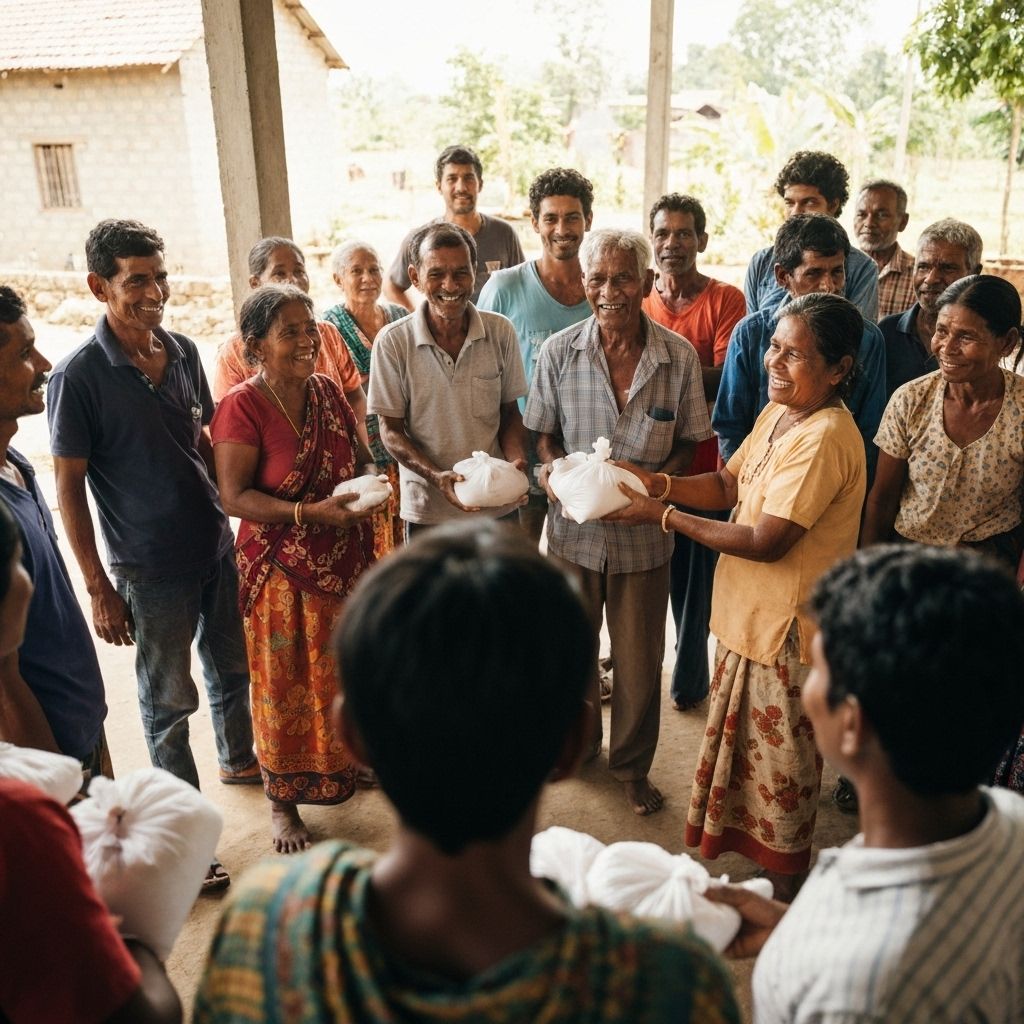 Community members receiving food aid distribution